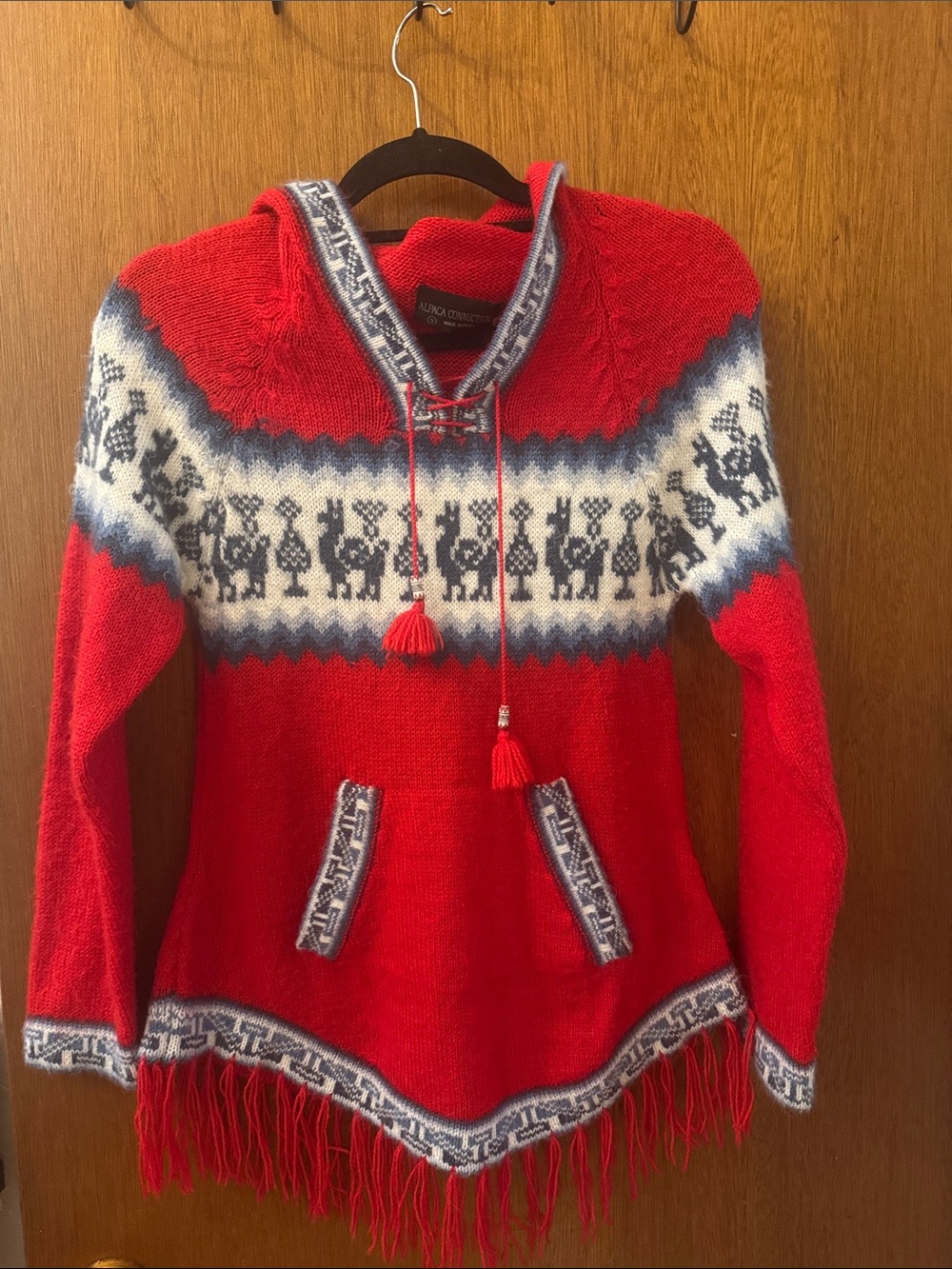 Red Nordic-Style hoodie Sweater with Tassel Ties